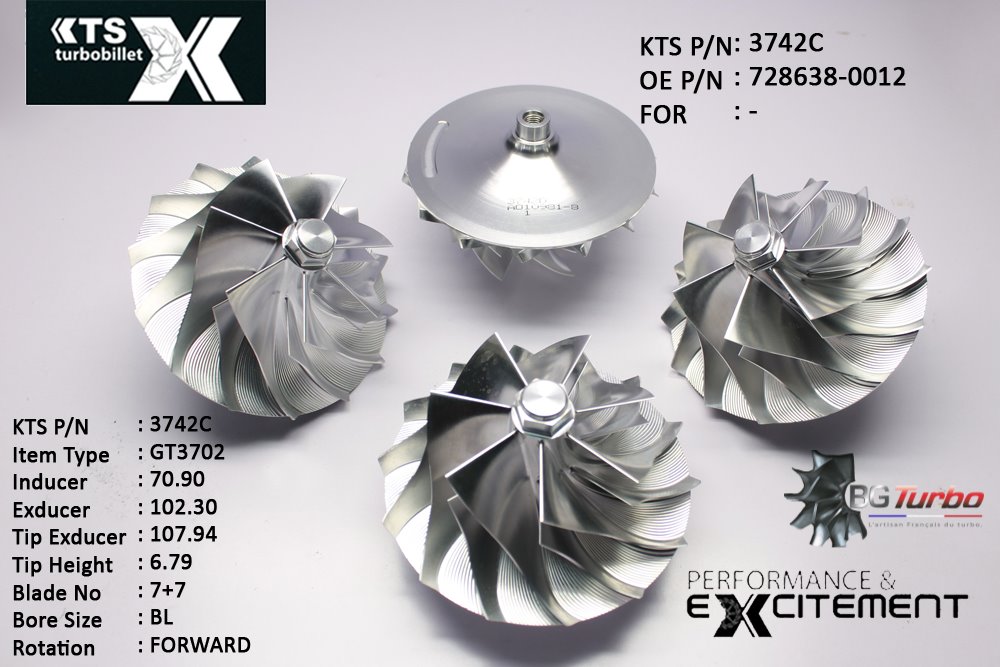 Turbo ROUE FORGÉE MFS PERFORMANCE - 7+7 PALES - INDUCER : 70,9 - EXDUCER : 102,3 - TYPE : GT3702ANGLE : 50° - ROTATION : Forward - SUPER BACK : 20,15 - BORE SIZE : 8,27
